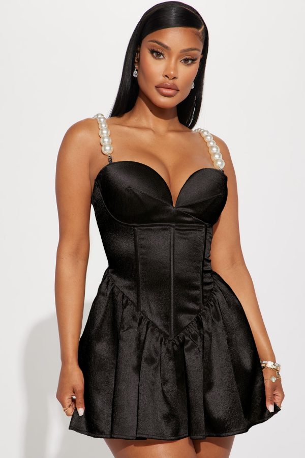 Pearly Girl Satin Mini Dress - Black