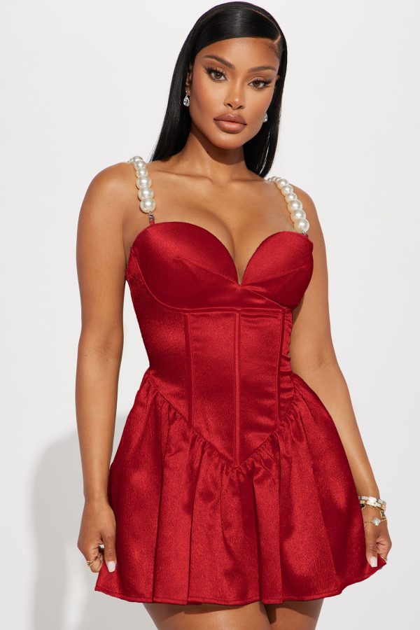 Pearly Girl Satin Mini Dress - Red
