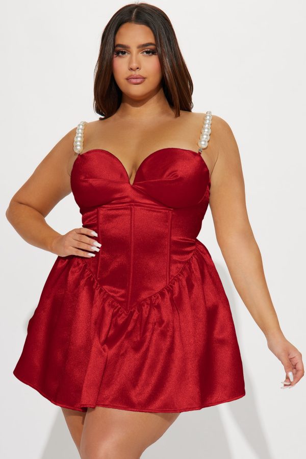 Pearly Girl Satin Mini Dress - Red - Image 4