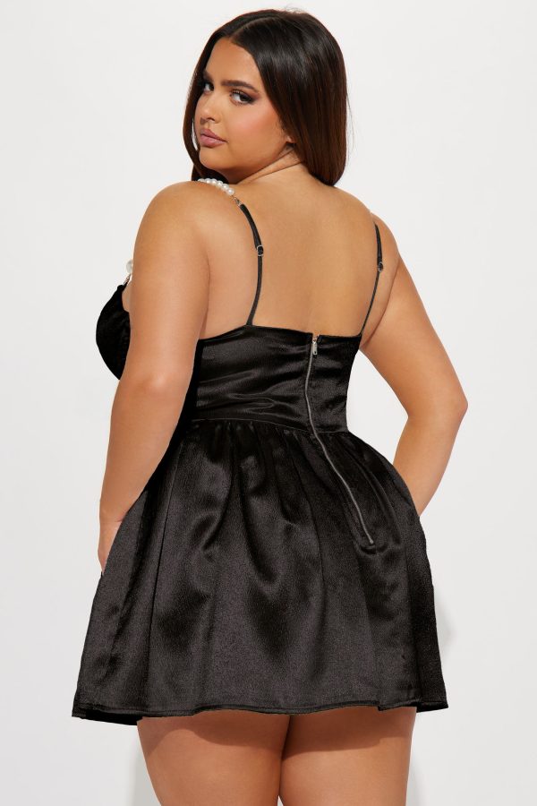 Pearly Girl Satin Mini Dress - Black - Image 6