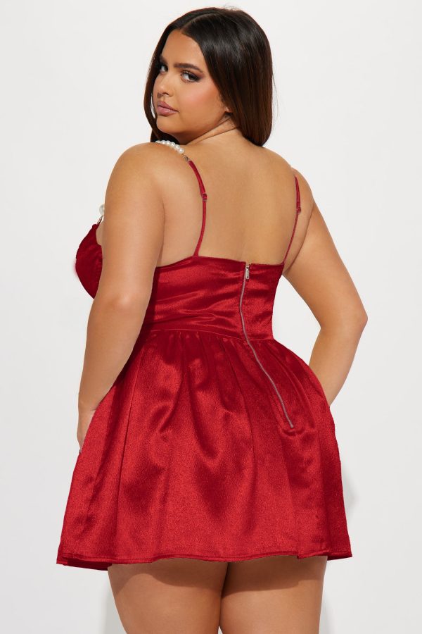 Pearly Girl Satin Mini Dress - Red - Image 6