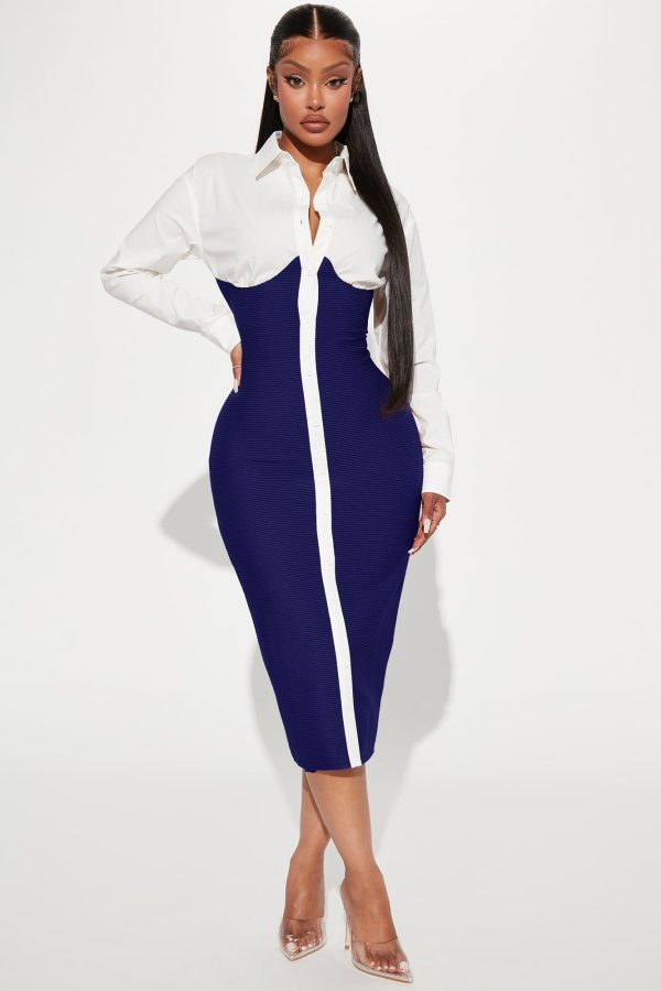 Let's Get Serious Midi Shirt Dress - Navy/combo