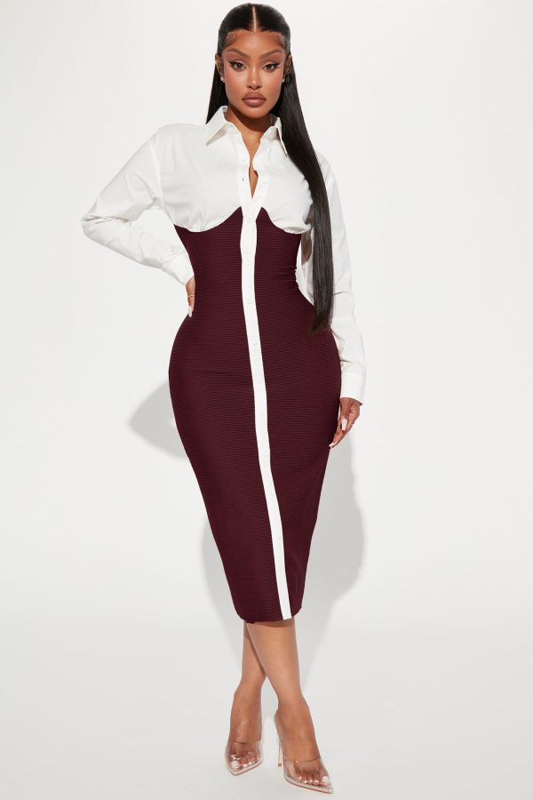 Let's Get Serious Midi Shirt Dress - Wine/combo