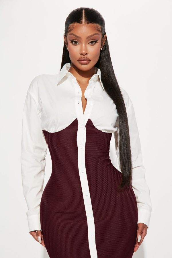 Let's Get Serious Midi Shirt Dress - Wine/combo - Image 2
