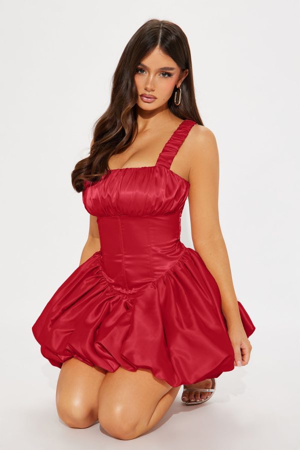 Libbey Satin Bubble Mini Dress - Red - Image 3