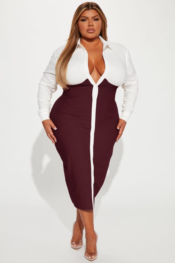 Let's Get Serious Midi Shirt Dress - Wine/combo - Image 4