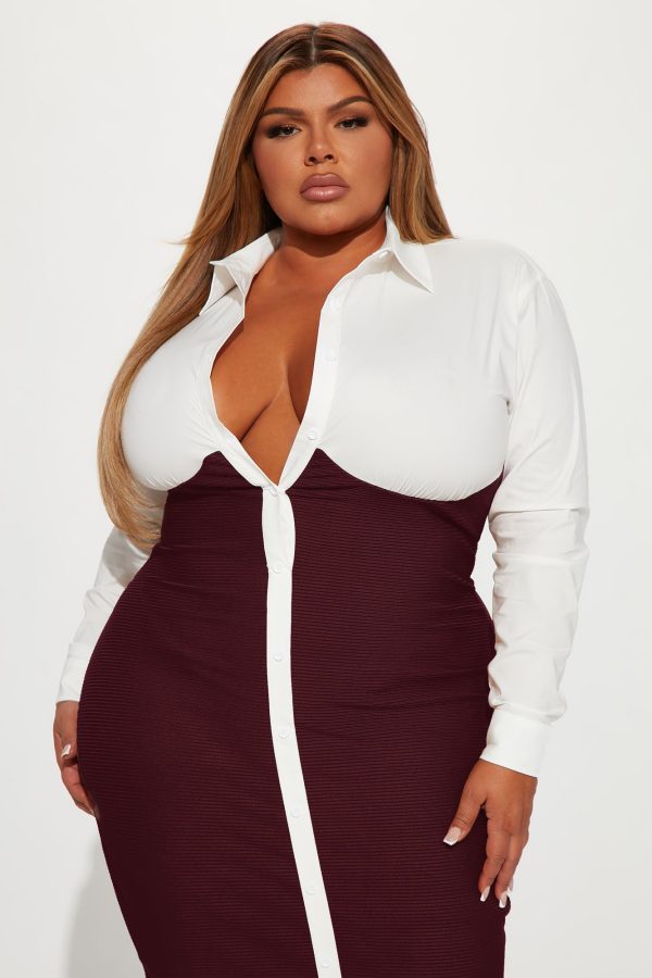 Let's Get Serious Midi Shirt Dress - Wine/combo - Image 5