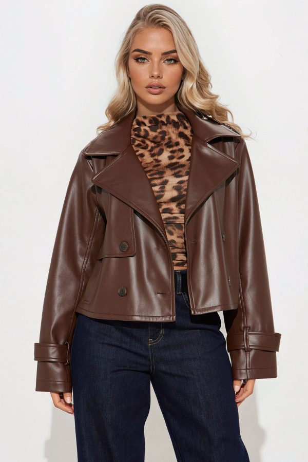 Daphne Faux Leather Cropped Trench - Chocolate