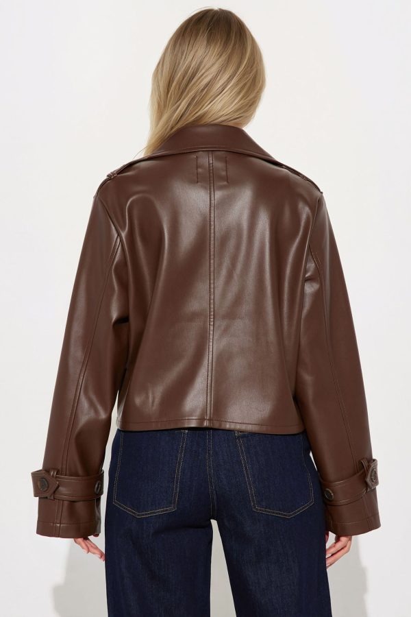 Daphne Faux Leather Cropped Trench - Chocolate - Image 4