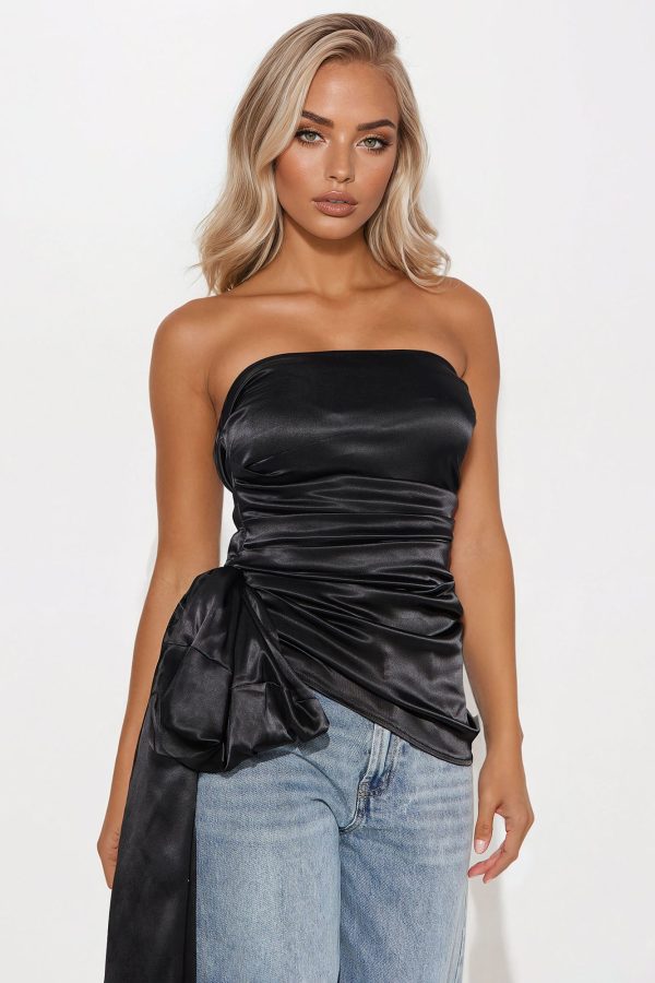 Marlina Bow Satin Top - Black - Image 2