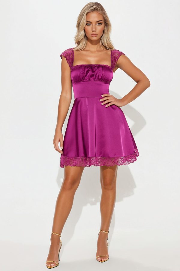 Clara Satin Mini Dress - Plum - Image 2