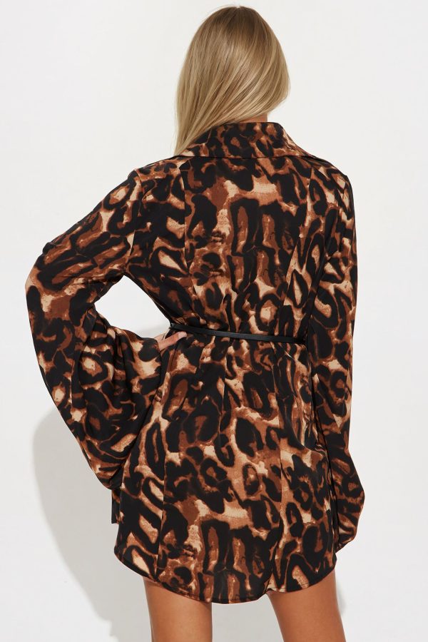 Jungle Boss Belted Satin Shirt Mini Dress - Black/Brown - Image 3