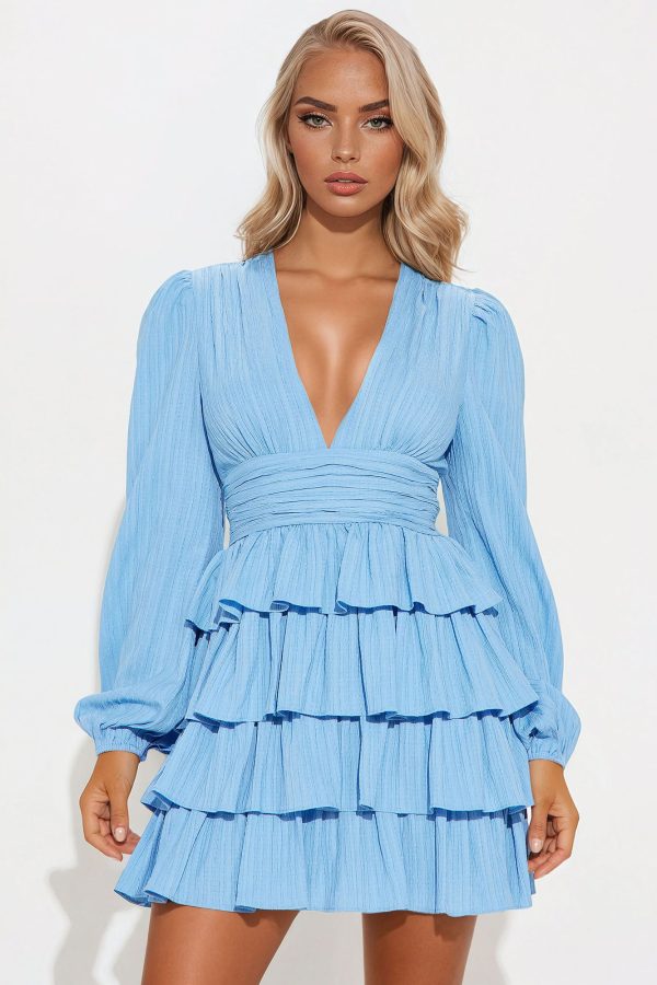 Valeria Textured Ruffle Mini Dress - Blue