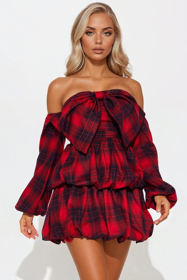Holland Plaid Bubble Mini Dress - Black/Red - Image 2