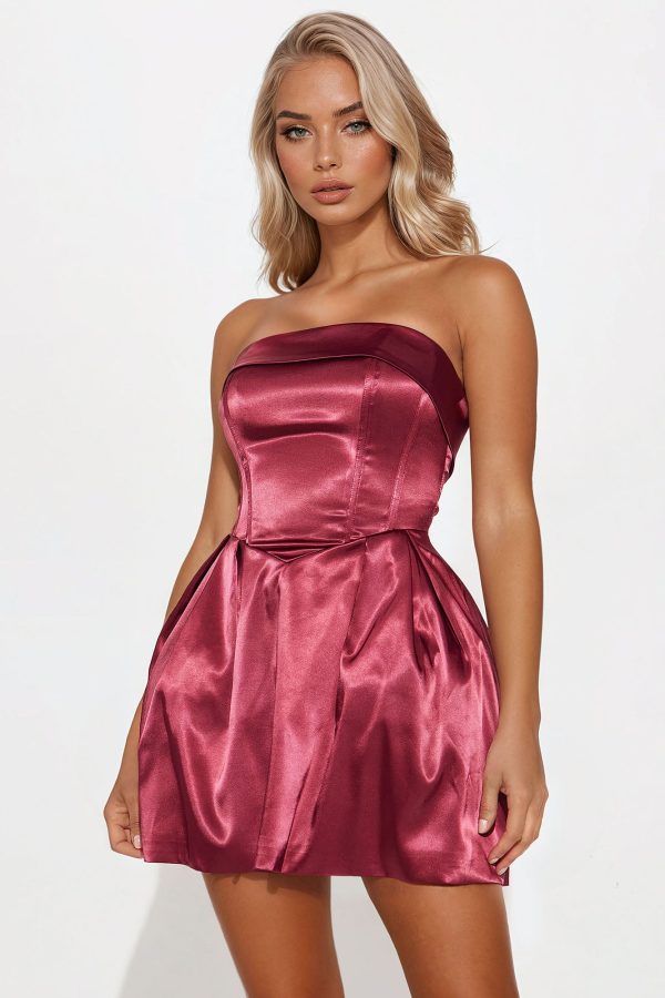 Princess Material Stretch Satin Mini Dress - Wine - Image 2