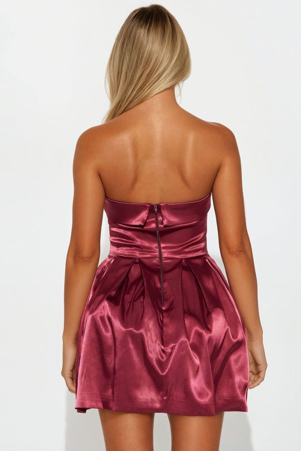 Princess Material Stretch Satin Mini Dress - Wine - Image 3