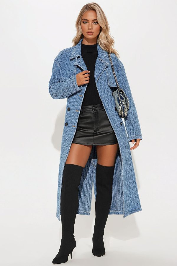 Urban Legend Textured Denim Trench Coat - Medium Wash