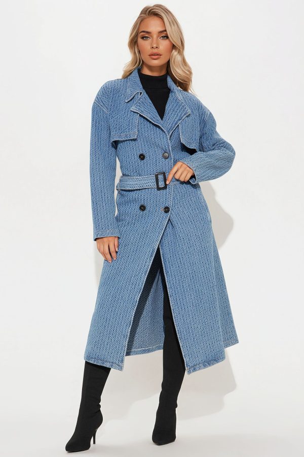 Urban Legend Textured Denim Trench Coat - Medium Wash - Image 2