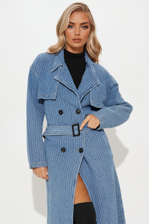 Urban Legend Textured Denim Trench Coat - Medium Wash - Image 3