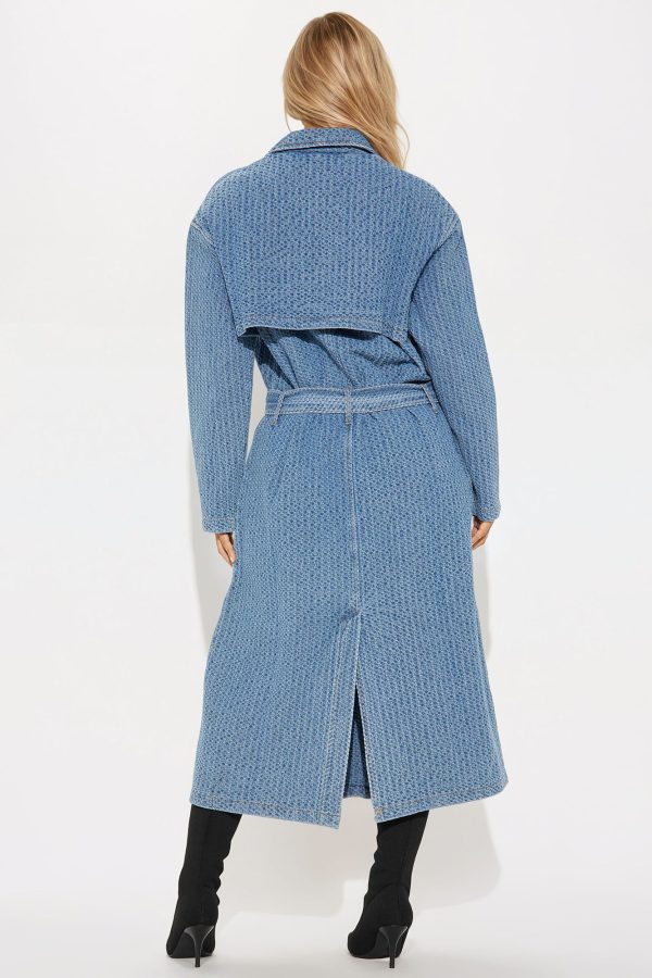 Urban Legend Textured Denim Trench Coat - Medium Wash - Image 4