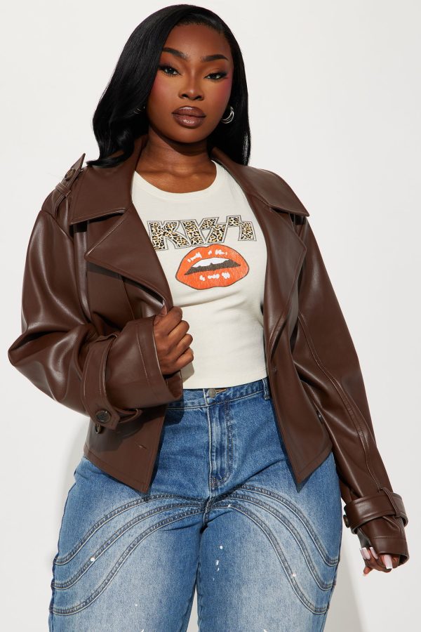 Daphne Faux Leather Cropped Trench - Chocolate - Image 5