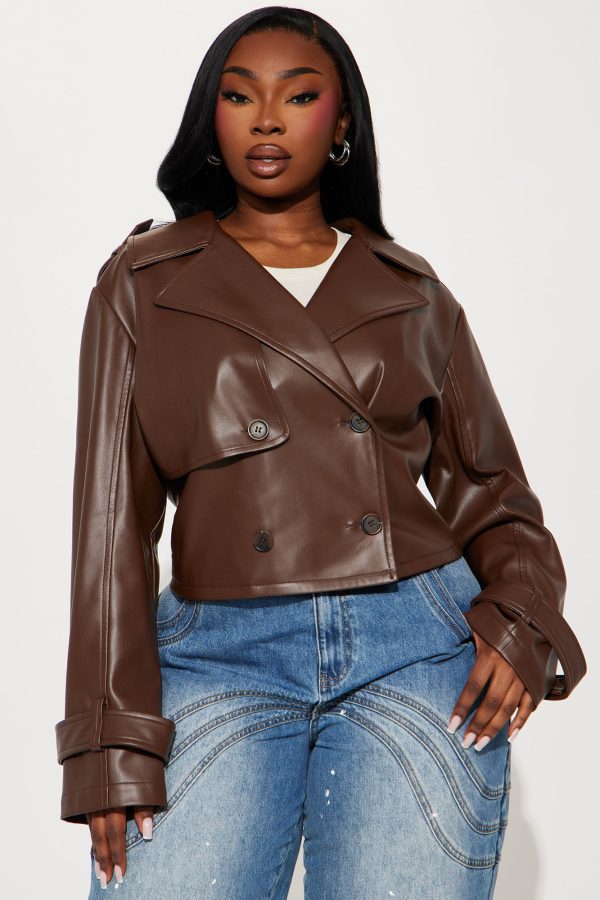 Daphne Faux Leather Cropped Trench - Chocolate - Image 7