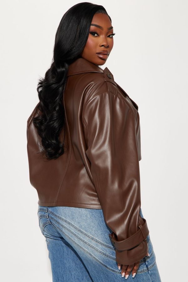 Daphne Faux Leather Cropped Trench - Chocolate - Image 8